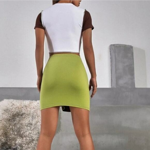 Y2k Cider Lime Green & Brown Colorblock Patchwork Skirt Set Medium Cute - Picture 2 of 9